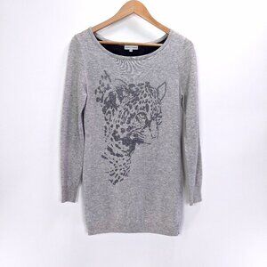 Cache Size S Shimmery Silver Leopard Graphic Print Knitted Sweater Gray Black